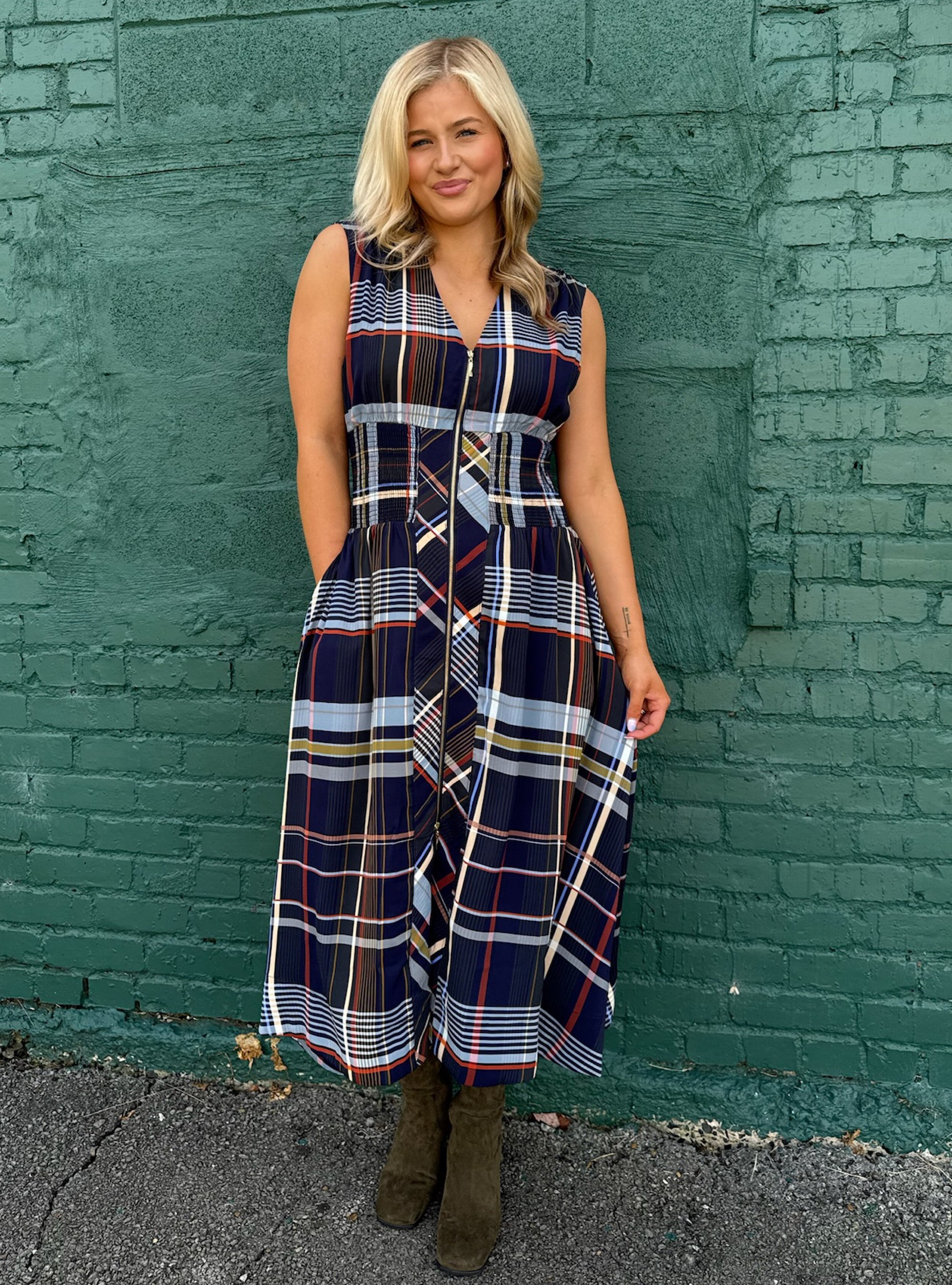 Mad For Plaid Zipper Front Midi Dress