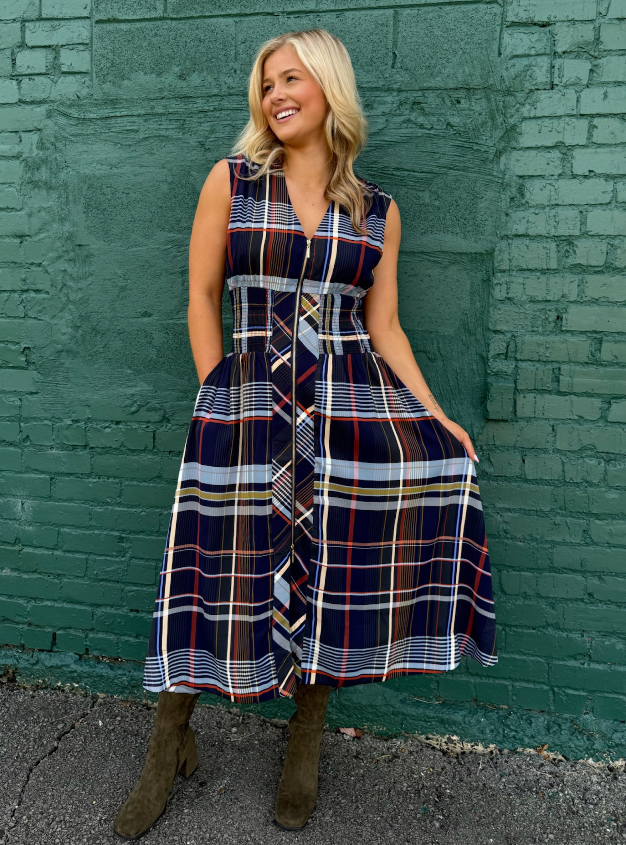 Mad For Plaid Zipper Front Midi Dress