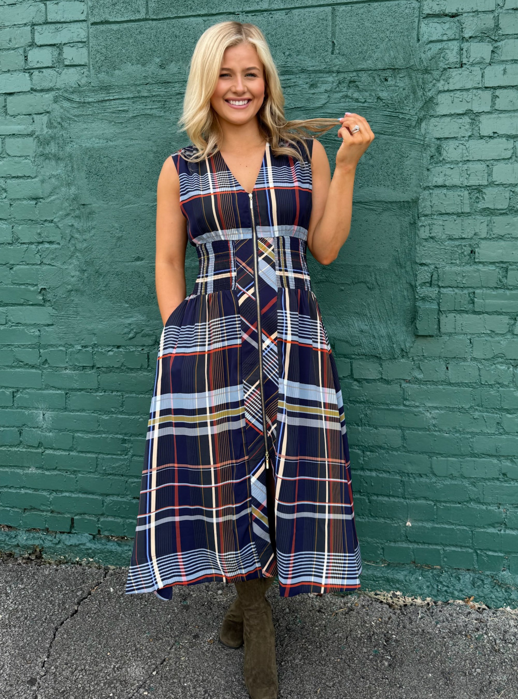 Mad For Plaid Zipper Front Midi Dress