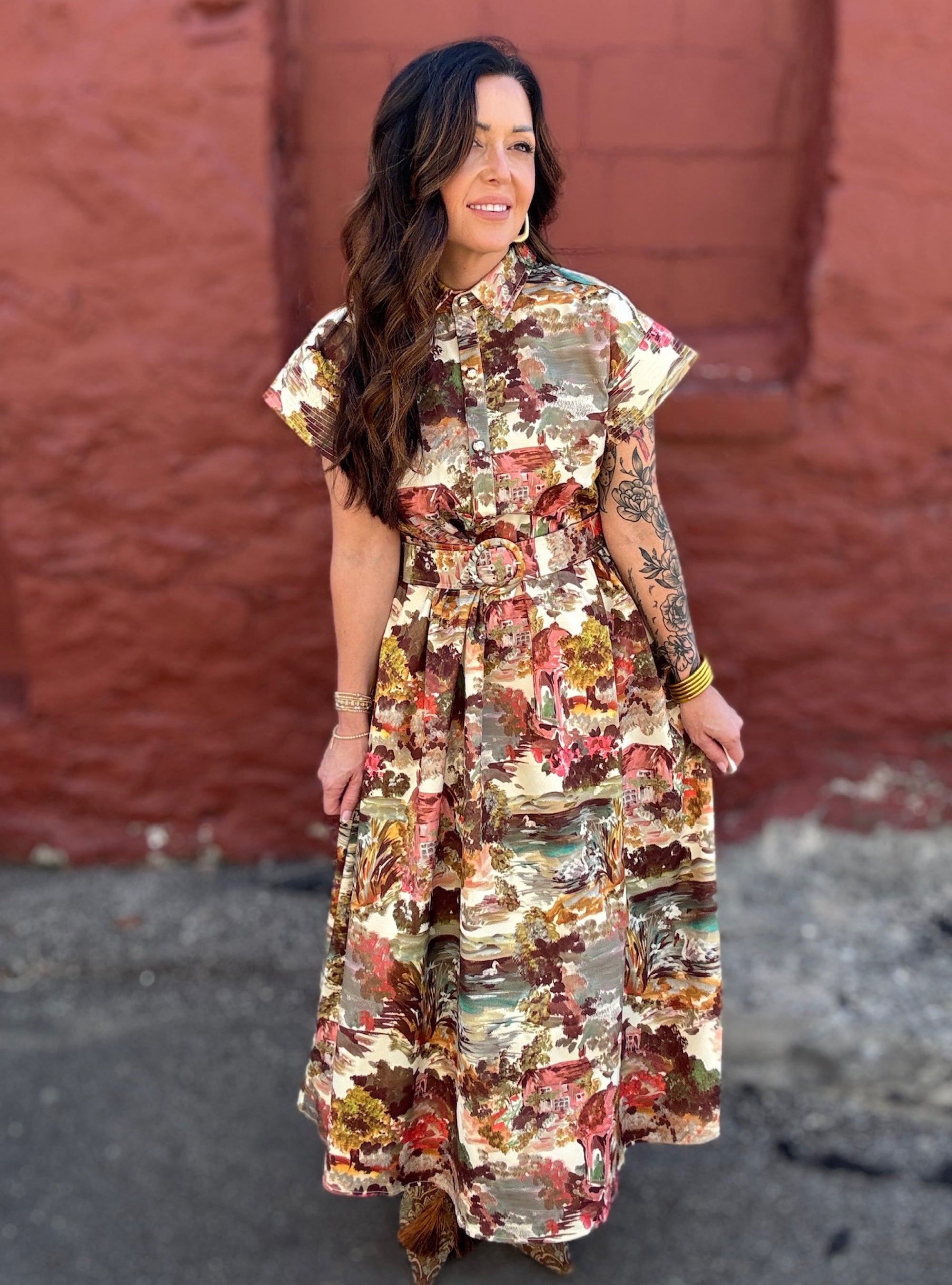 Cottage Garden Belted Midi Shirt Dress