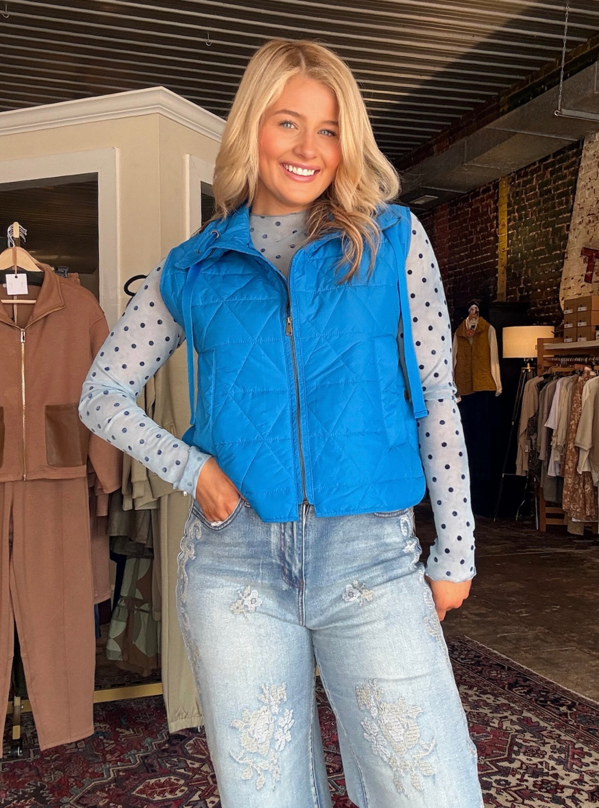 Multiples Blue Quilted Collar Vest