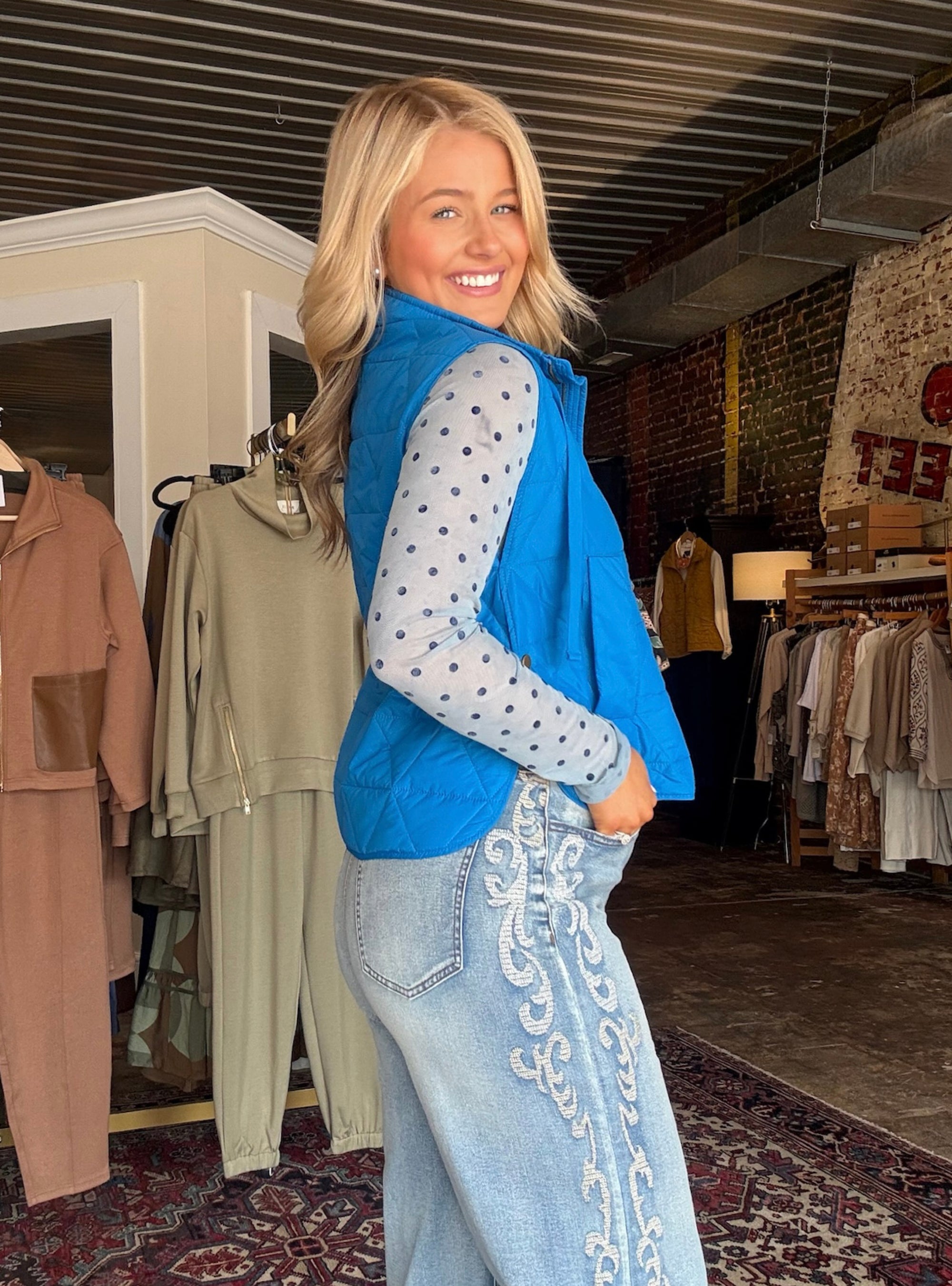 Multiples Blue Quilted Collar Vest