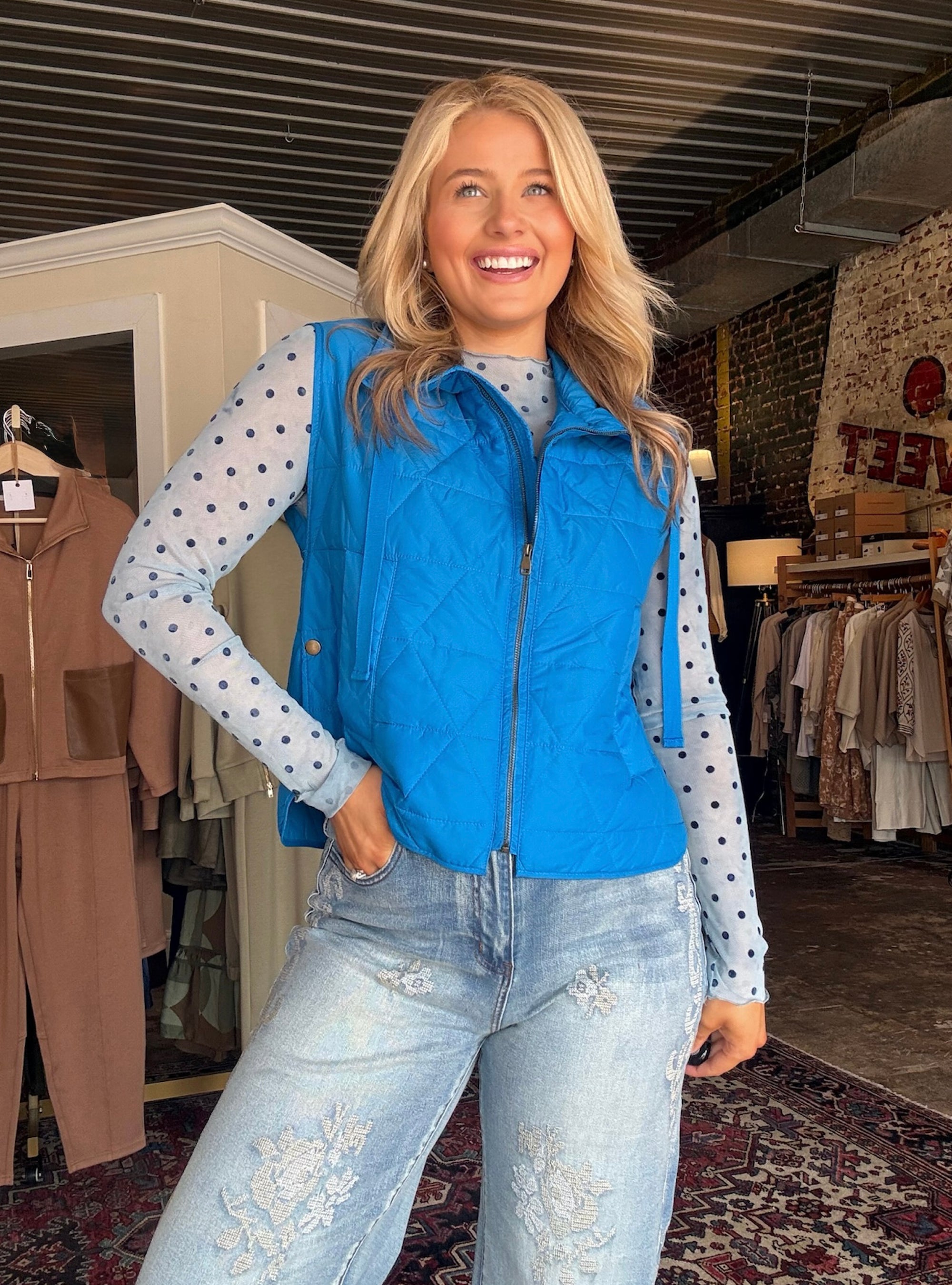 Multiples Blue Quilted Collar Vest