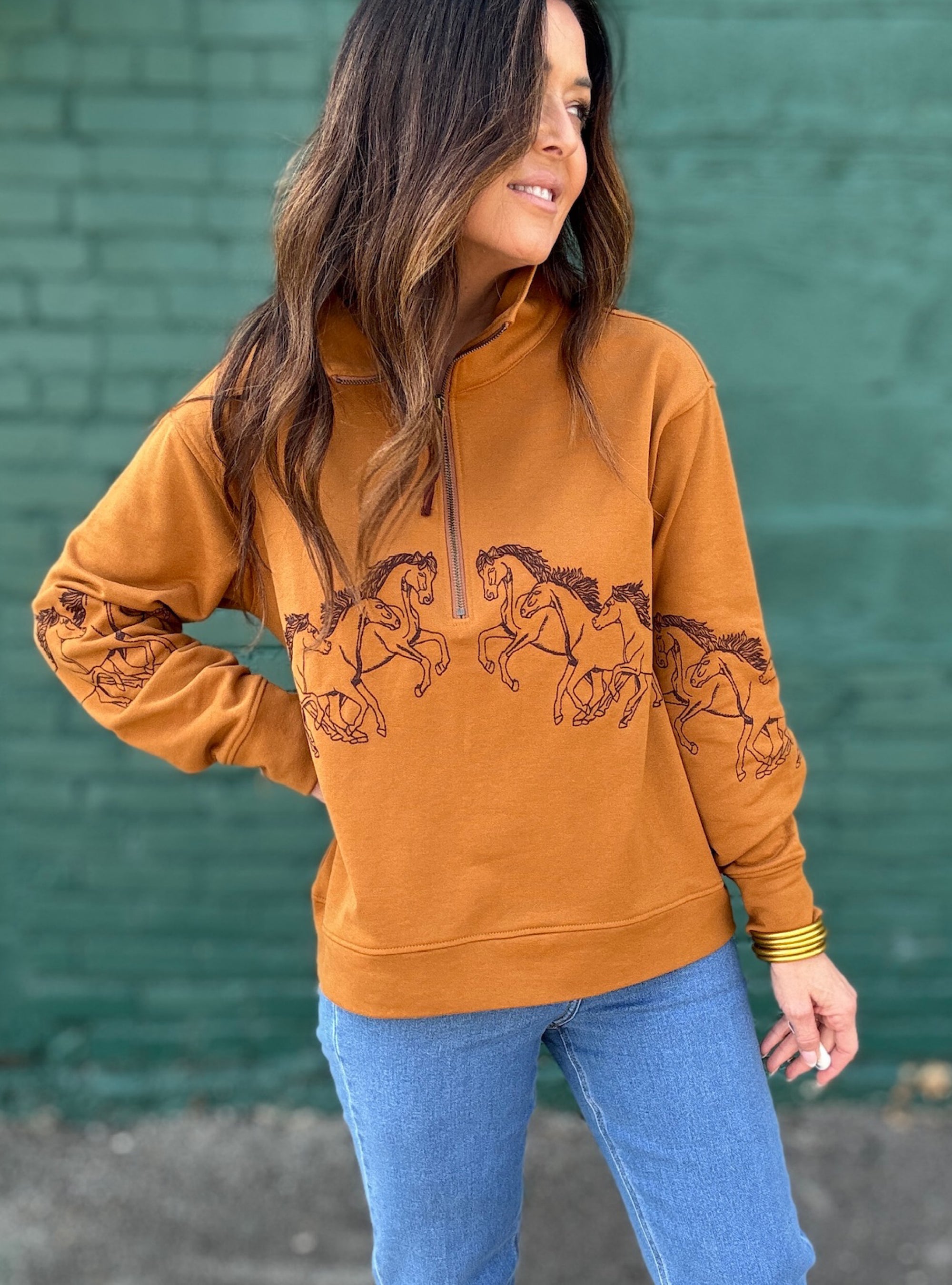Tru Luxe Horse Embroidered Half Zip Pullover