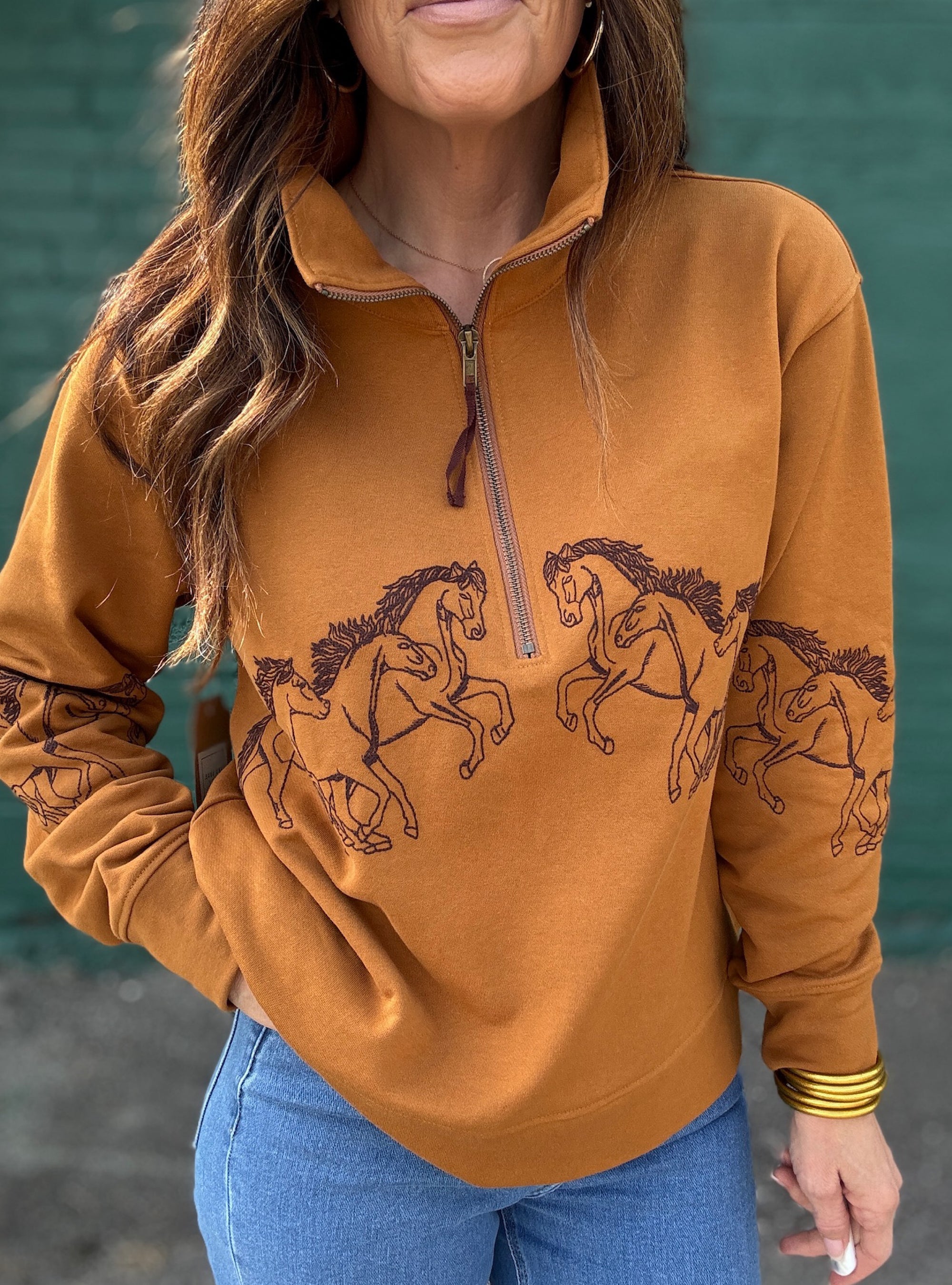 Tru Luxe Horse Embroidered Half Zip Pullover