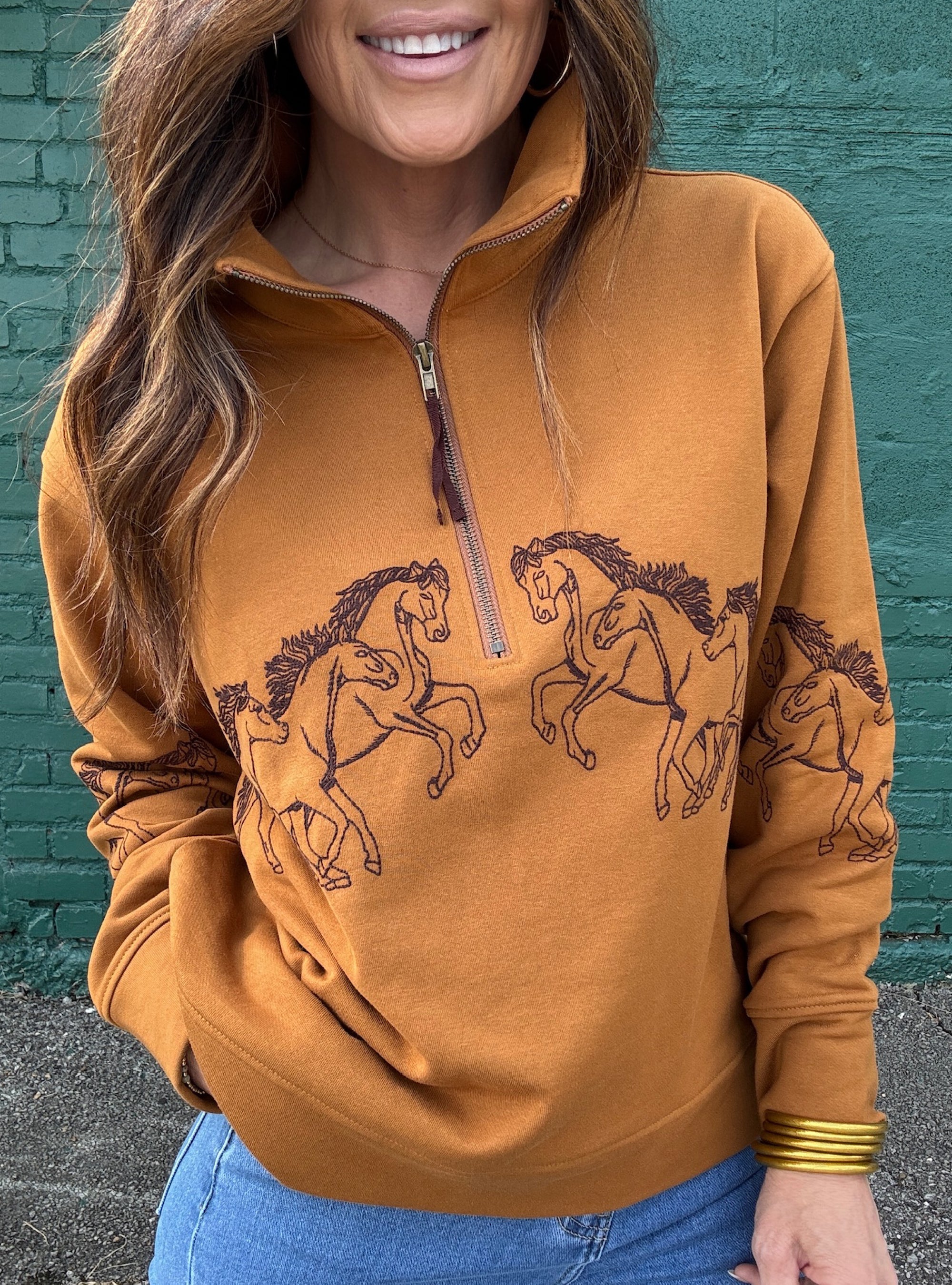 Tru Luxe Horse Embroidered Half Zip Pullover