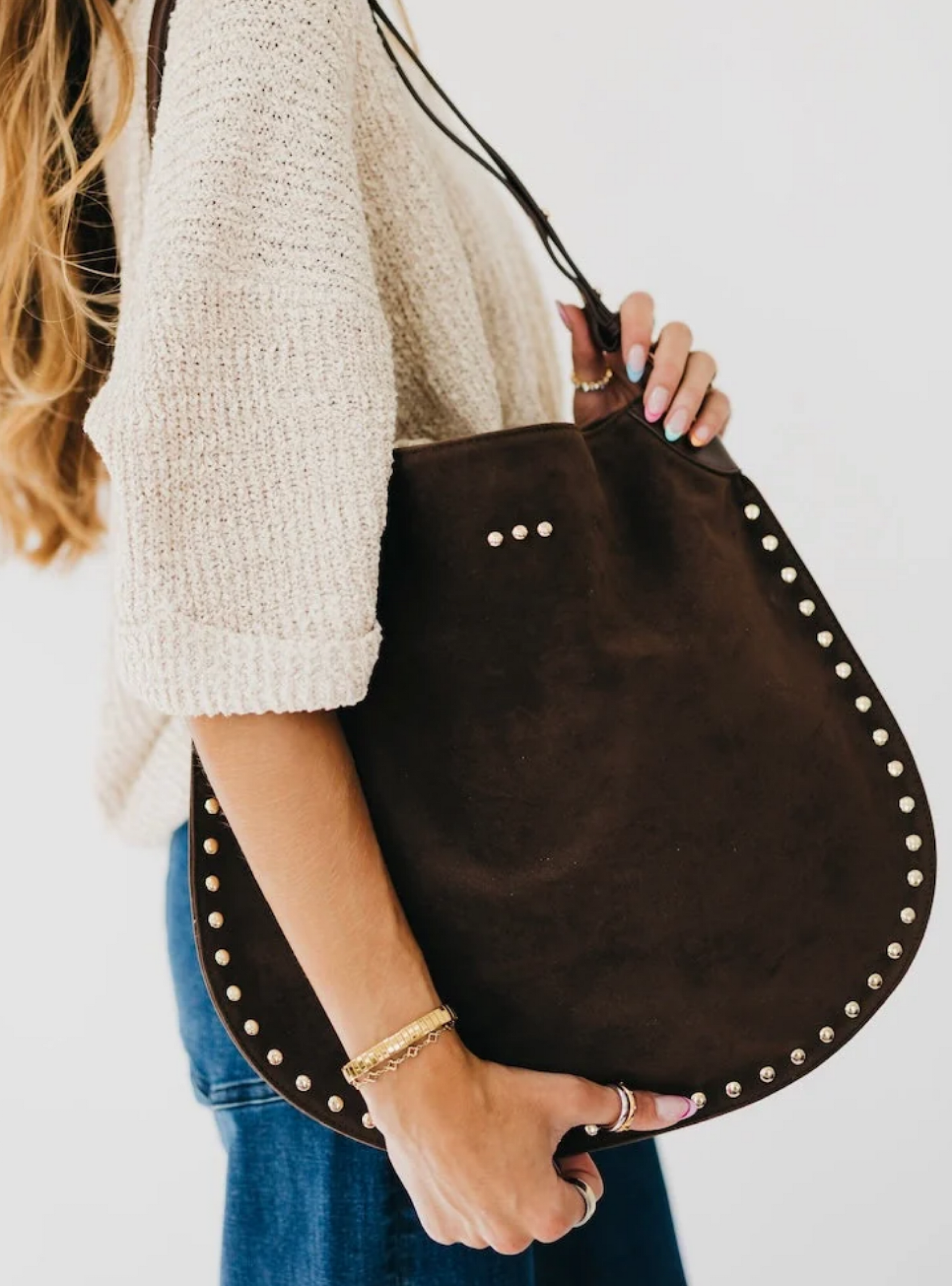 Rosalie Rivet Suede Hobo Bag - Chocolate