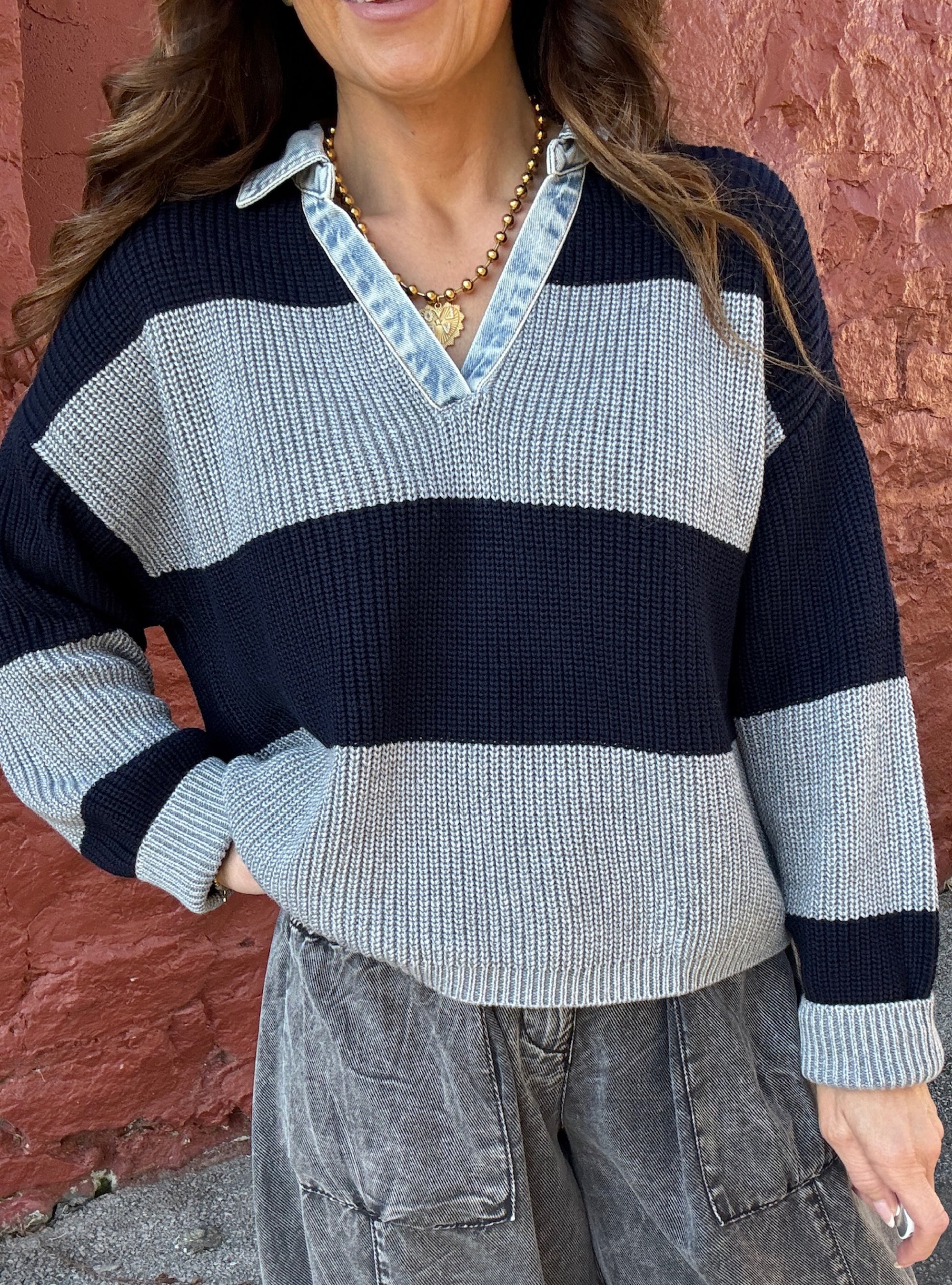 Vintage Havana Denim Collar Striped Sweater