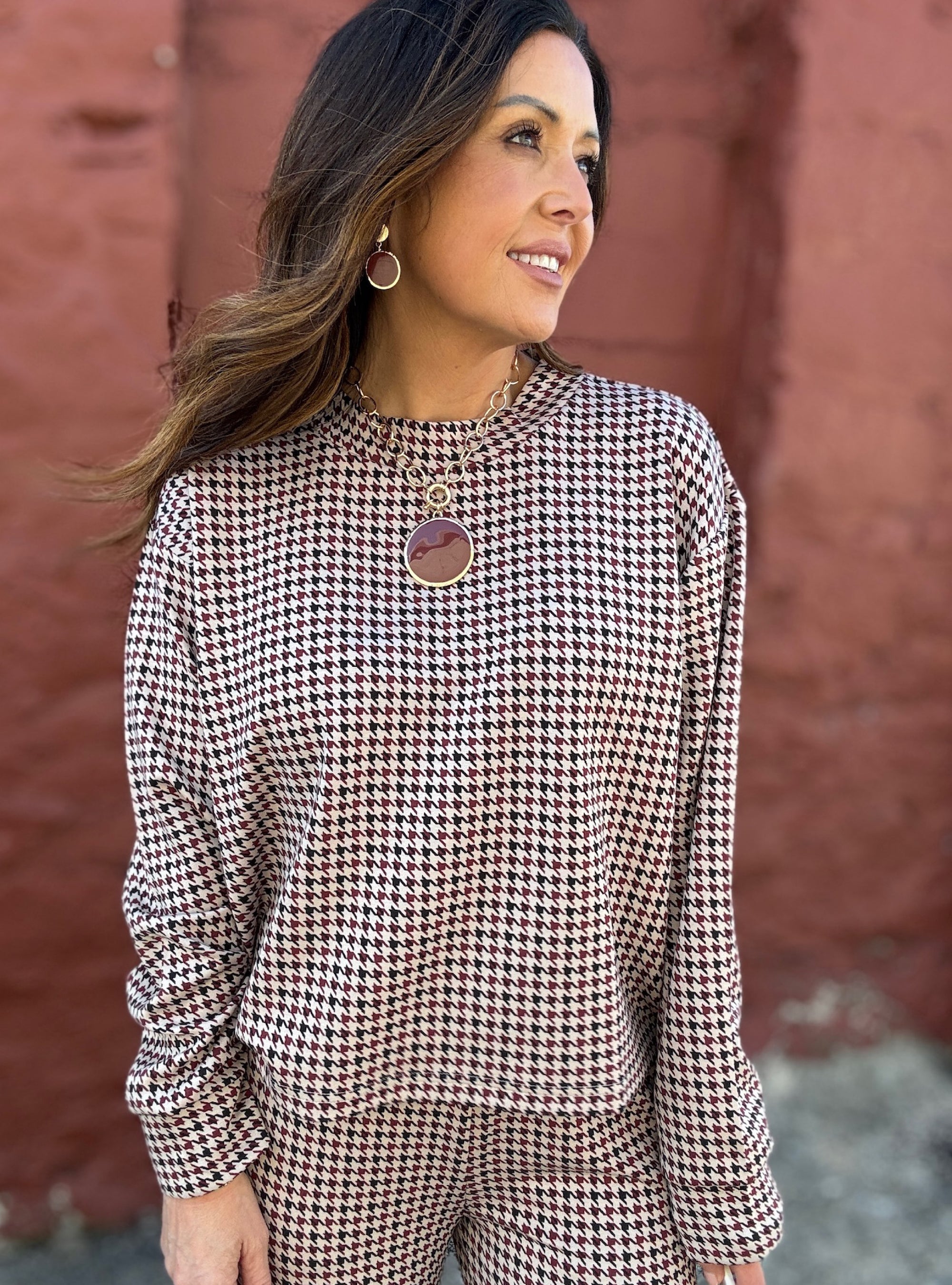 Vintage Havana Houndstooth Cloud Mock Neck Top
