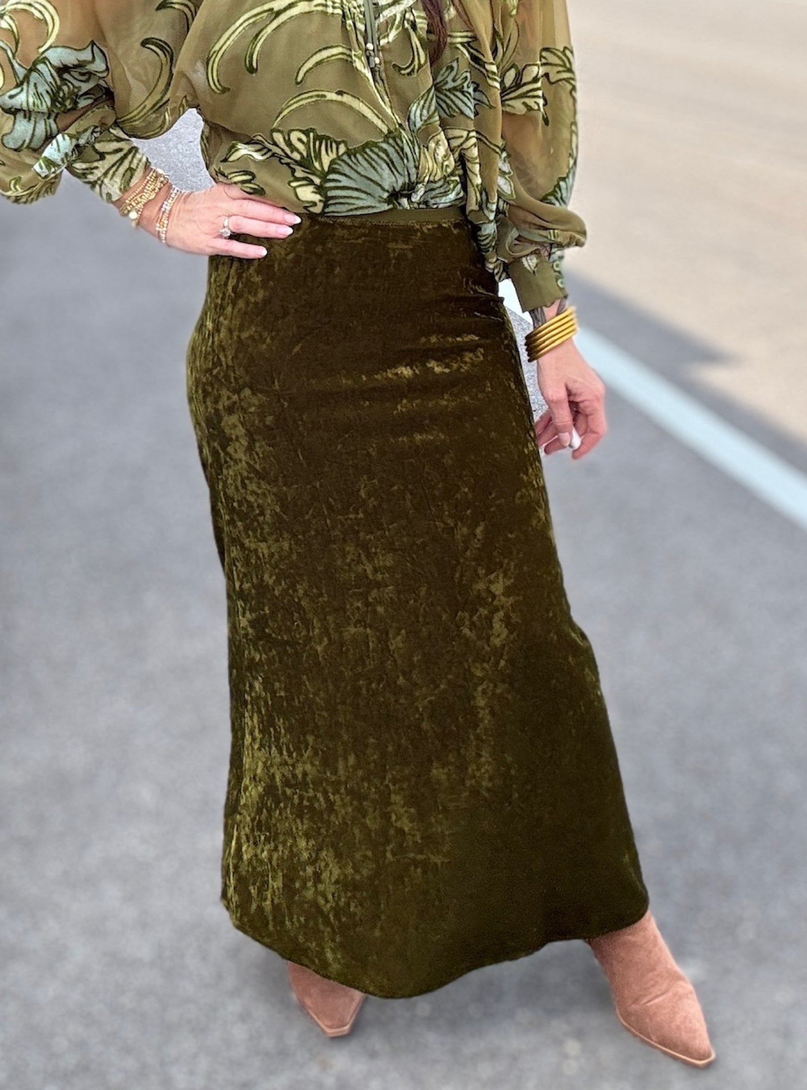 Feelin' Lime A Million Bucks Velvet Midi Skirt