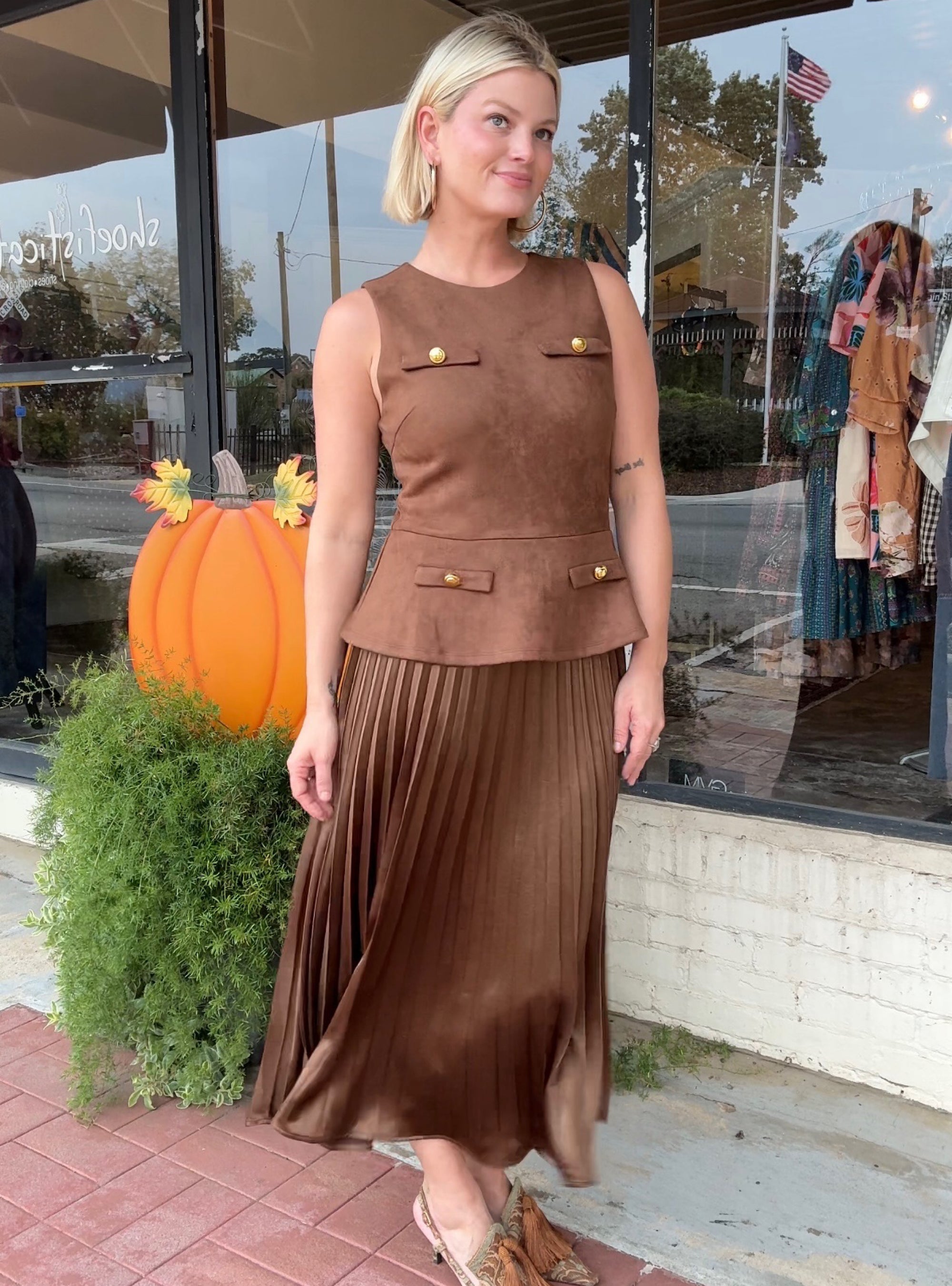 Pleat Me Halfway Satin &amp; Faux Suede Dress
