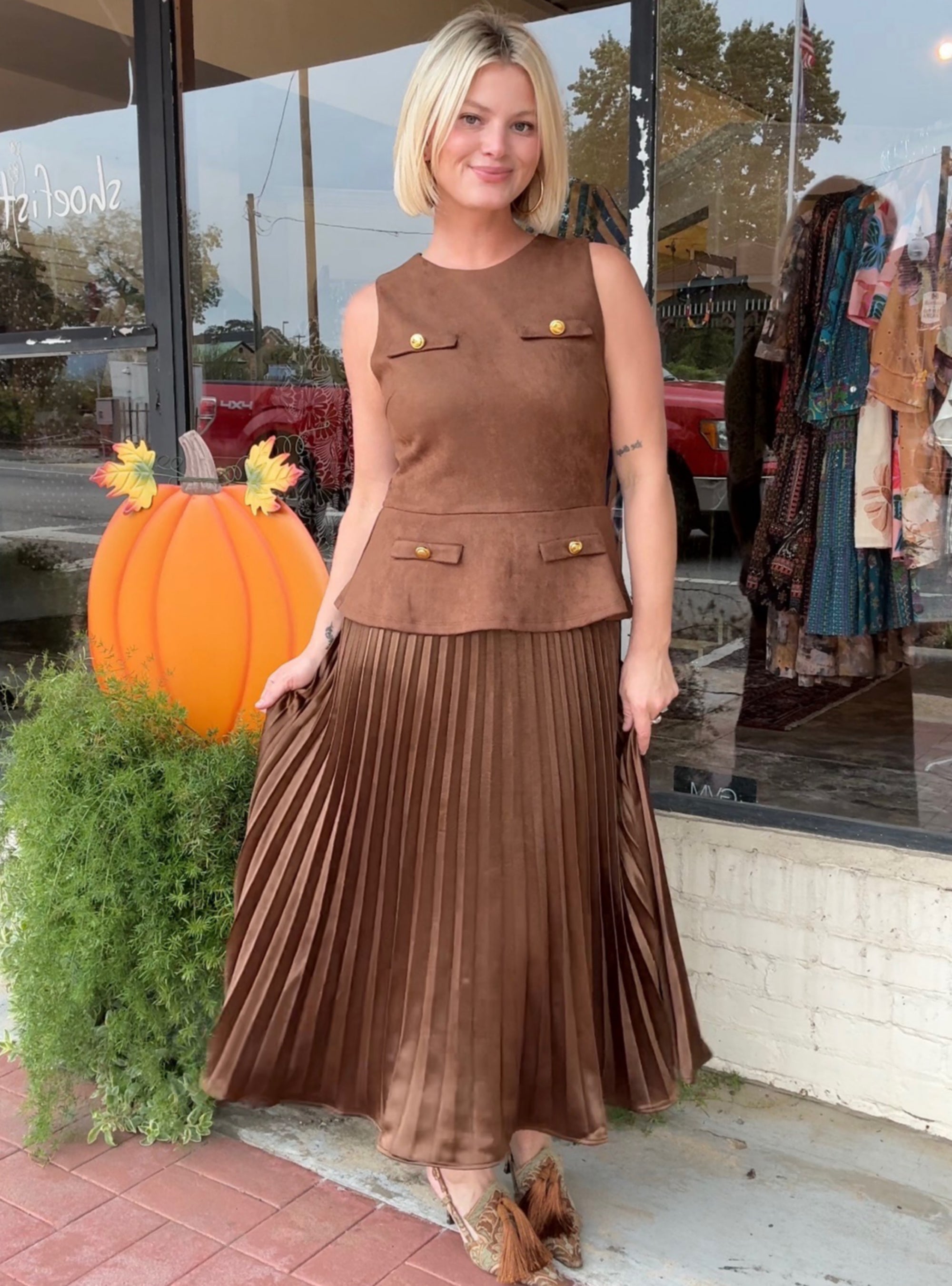 Pleat Me Halfway Satin &amp; Faux Suede Dress