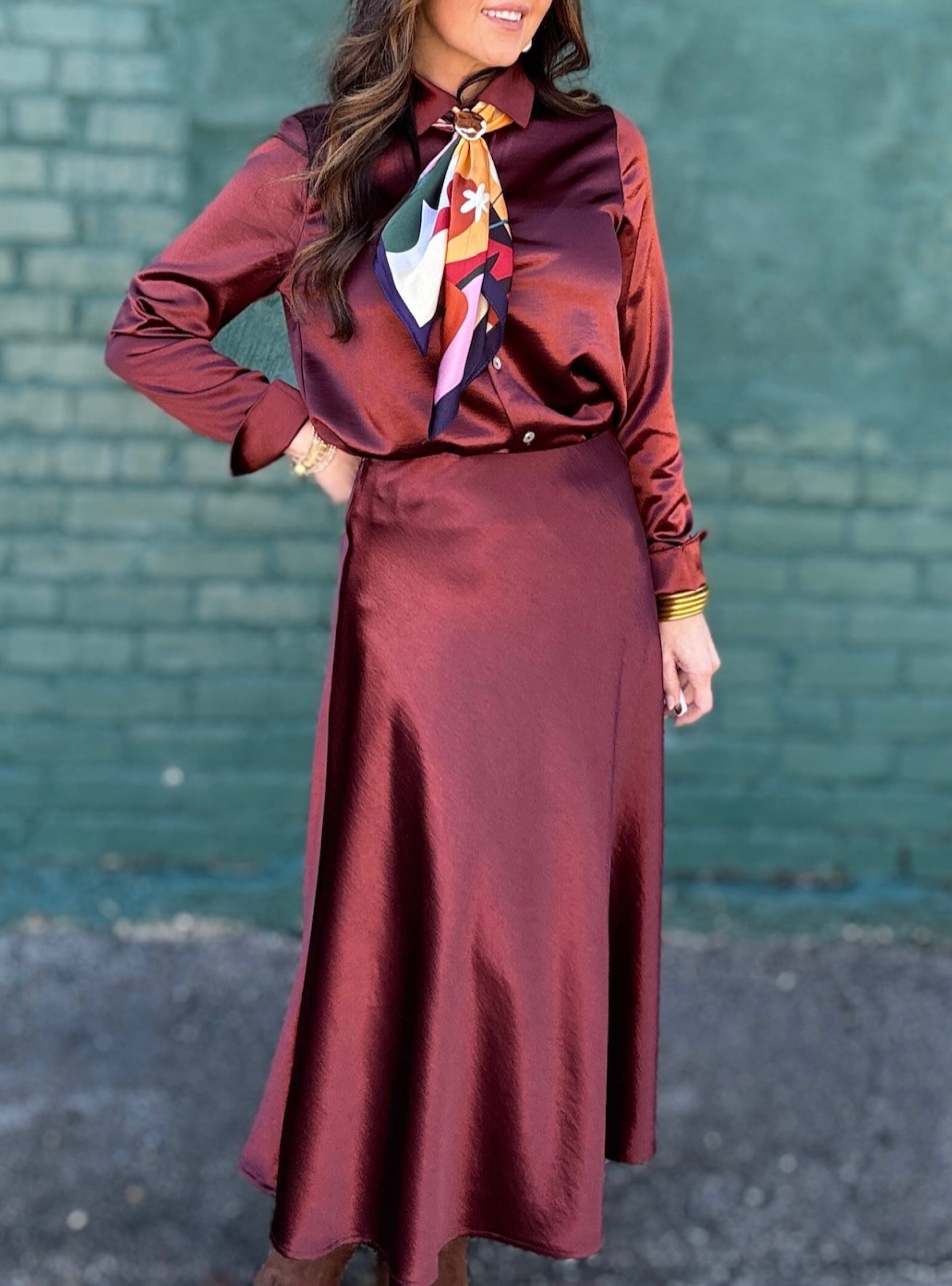 Serving Shine Burgundy Satin Skirt