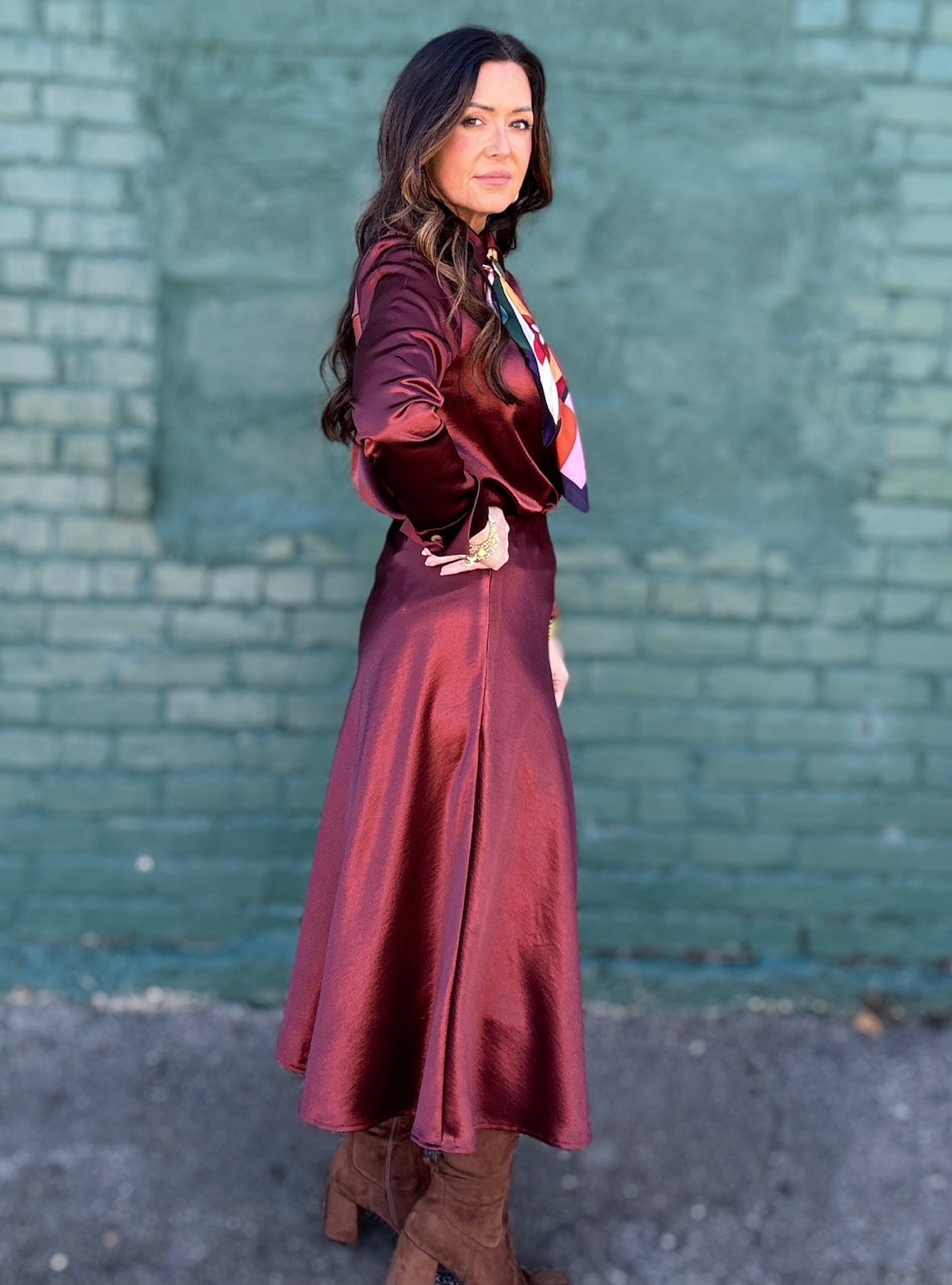 Serving Shine Burgundy Satin Skirt