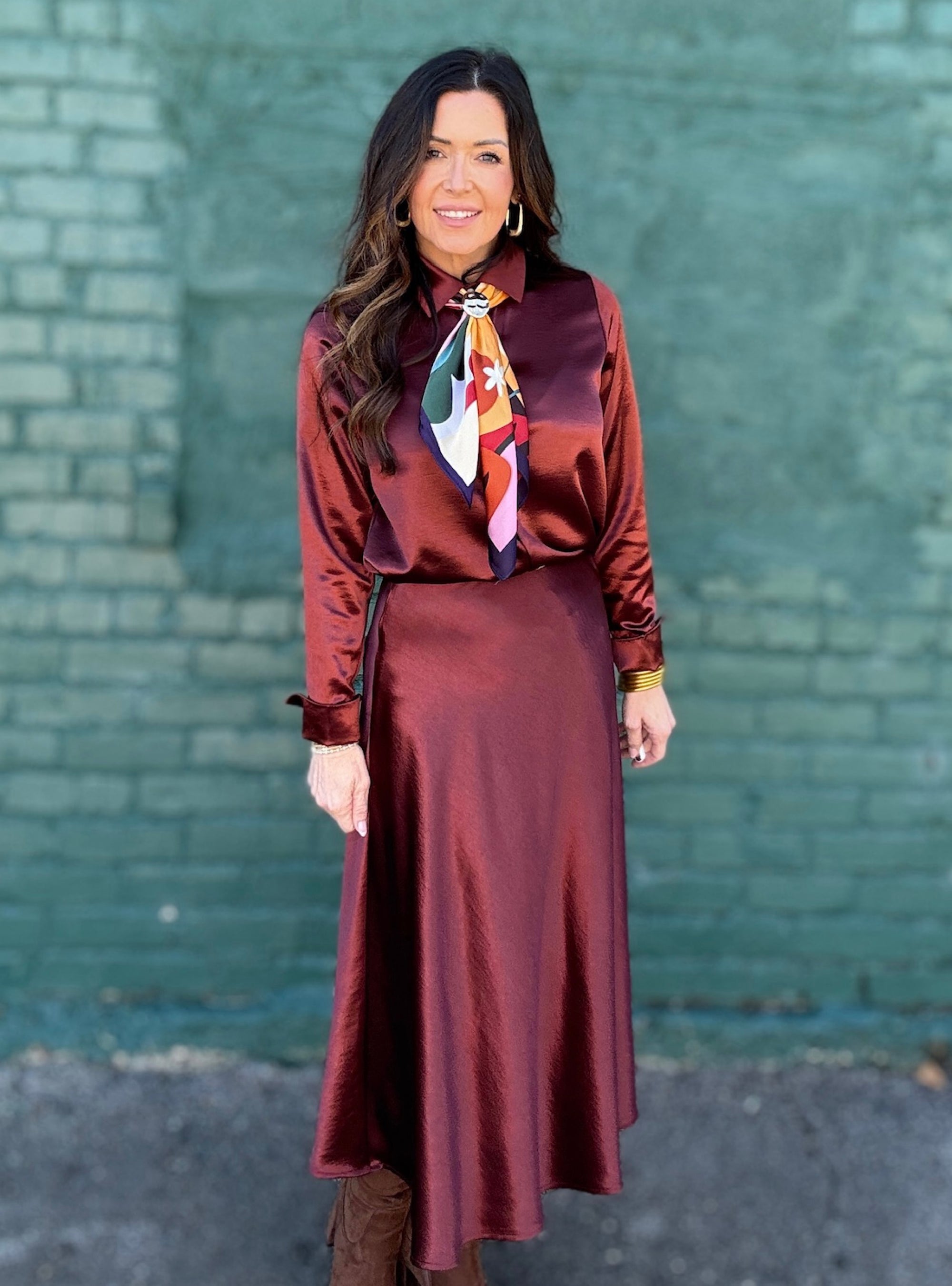 Serving Shine Burgundy Satin Skirt