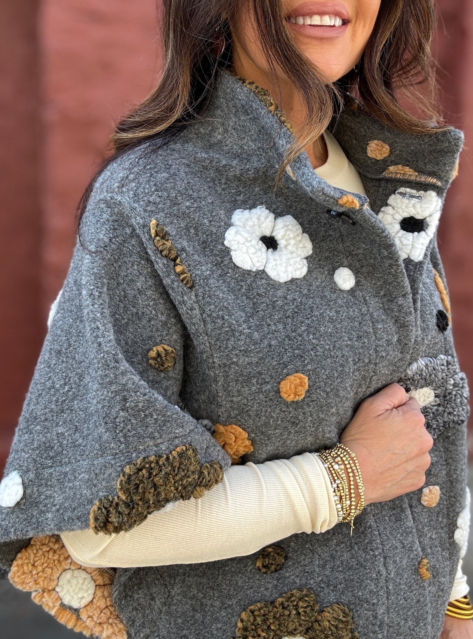 Shana Apparel Grey Floral Button Jacket