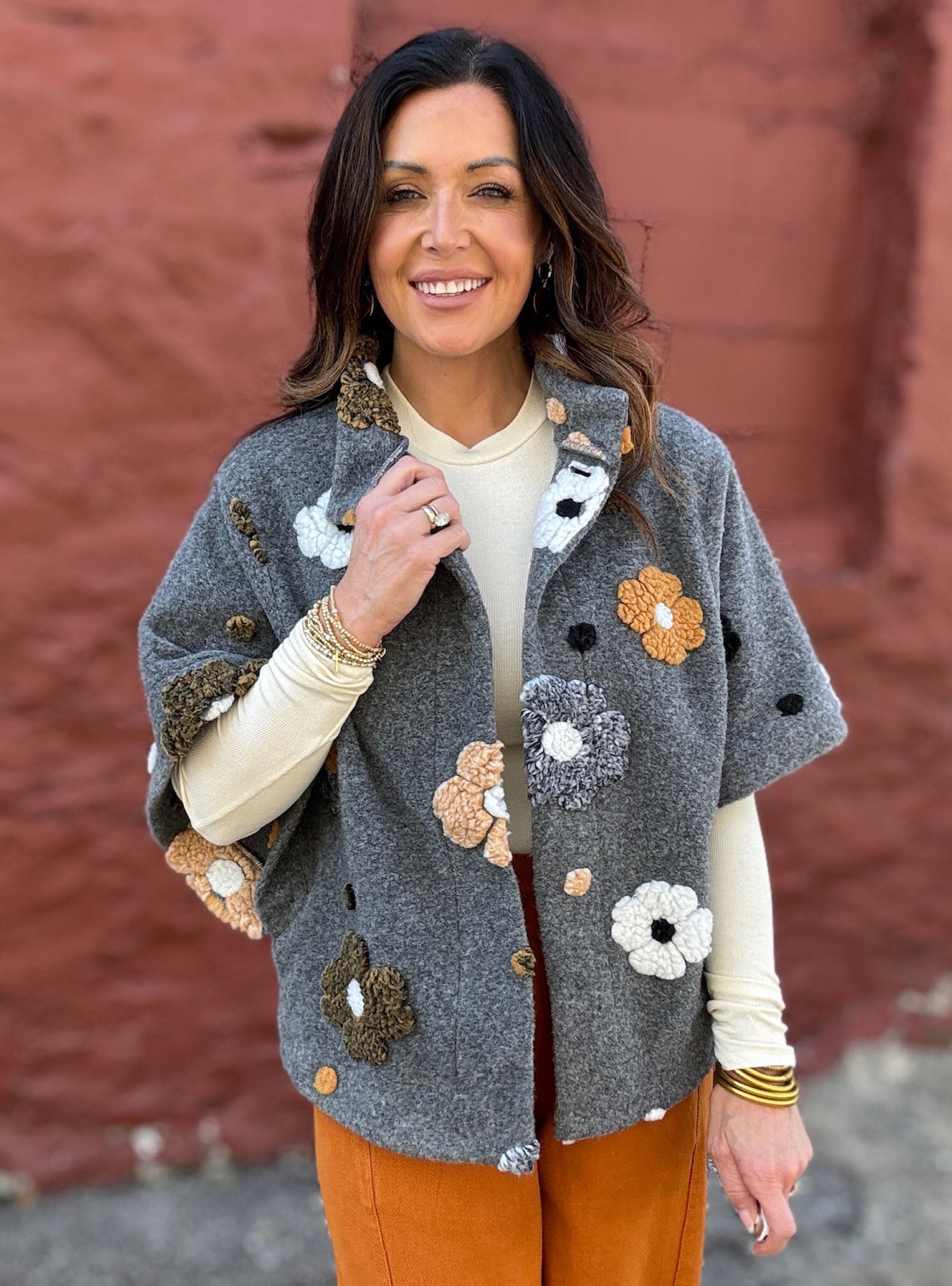 Shana Apparel Grey Floral Button Jacket