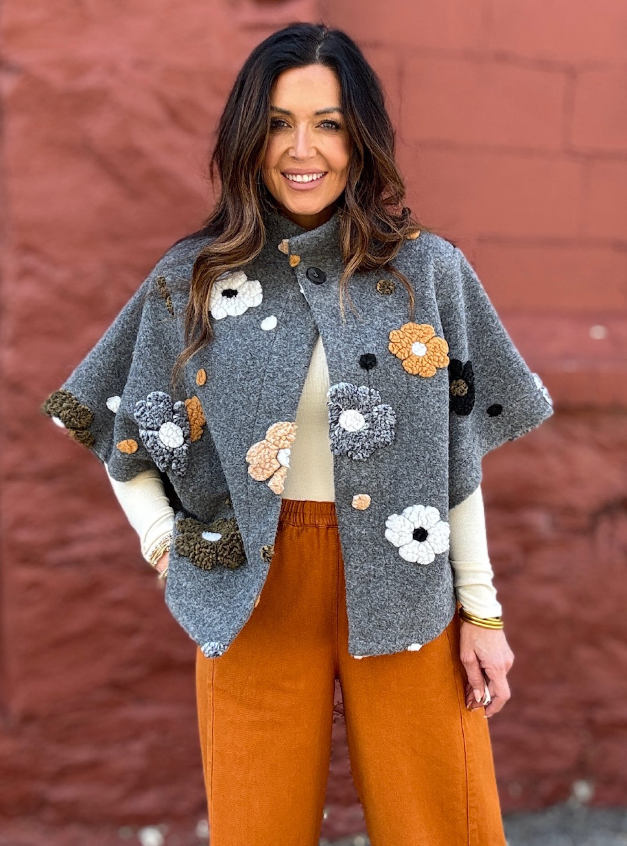 Shana Apparel Grey Floral Button Jacket