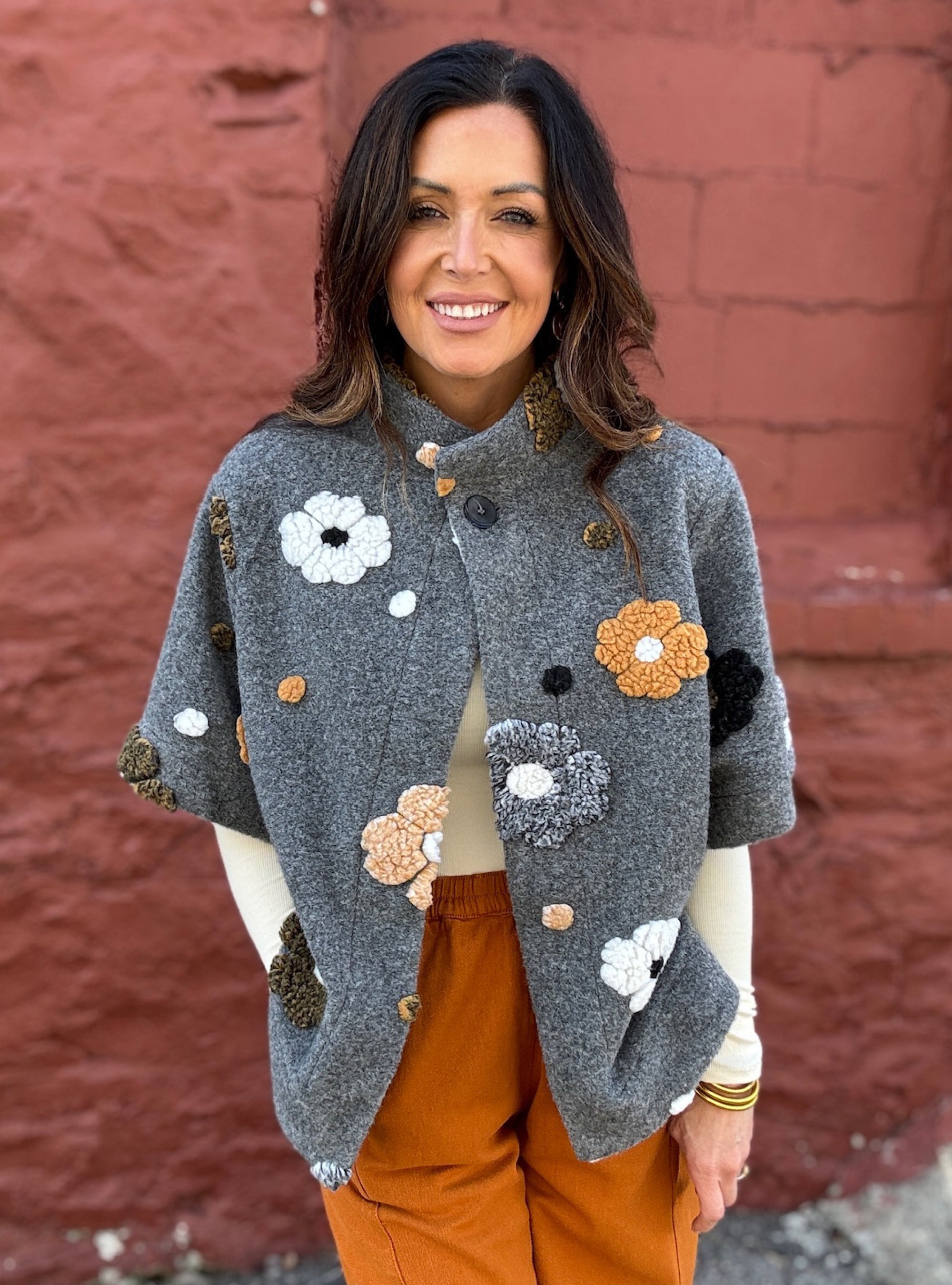 Shana Apparel Grey Floral Button Jacket