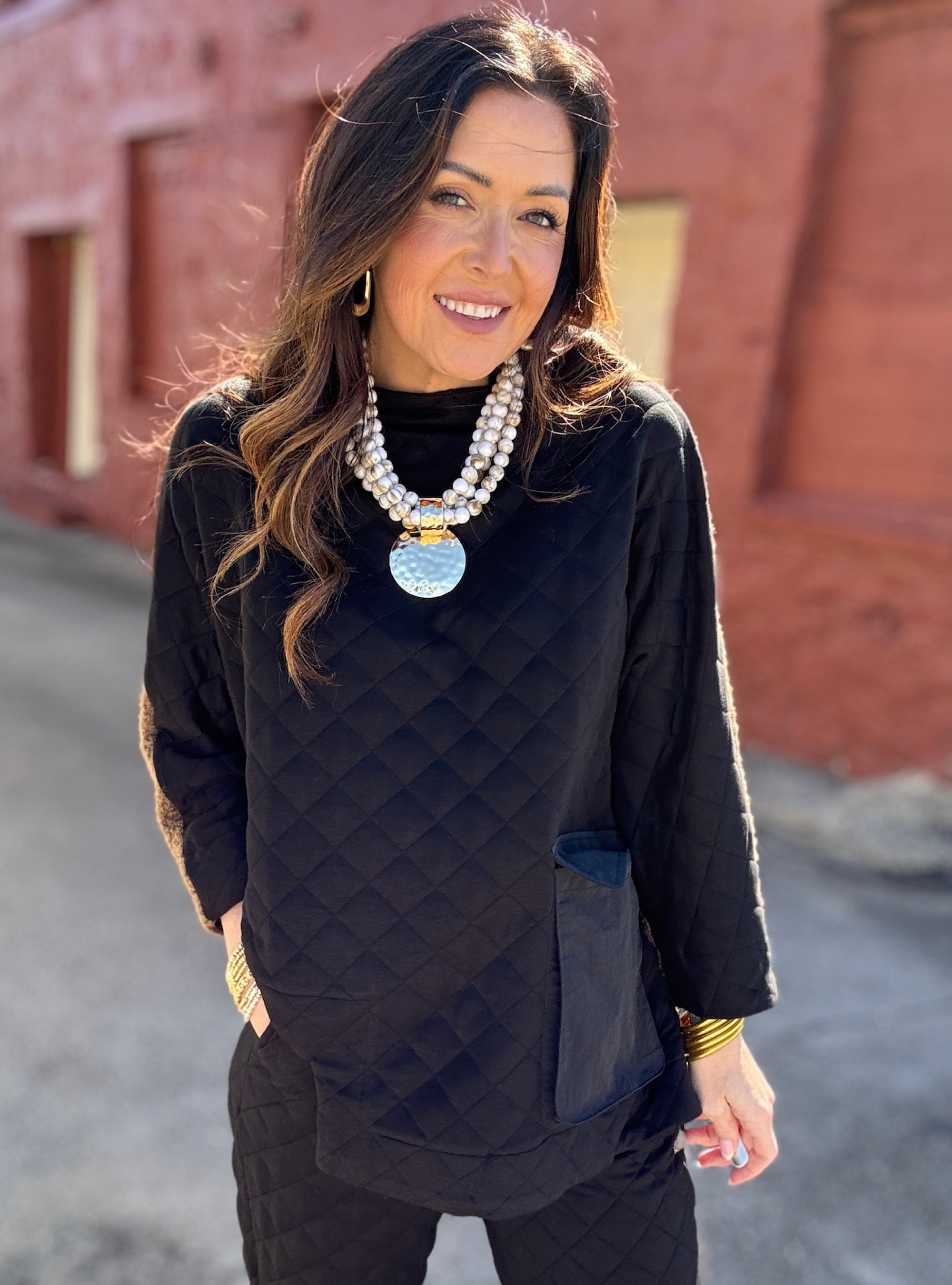 Shana Apparel Black Mix Media Quilted Top