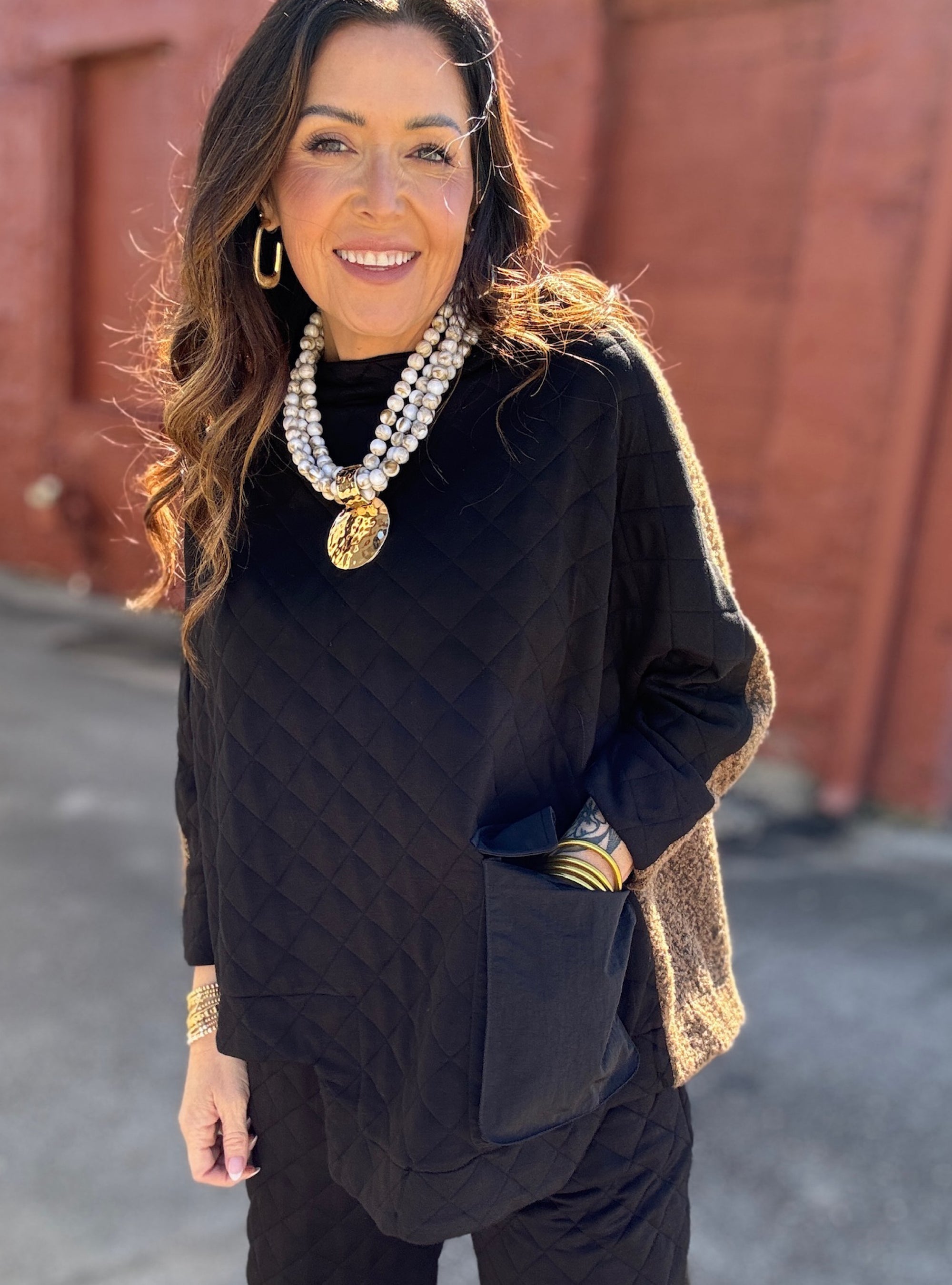 Shana Apparel Black Mix Media Quilted Top