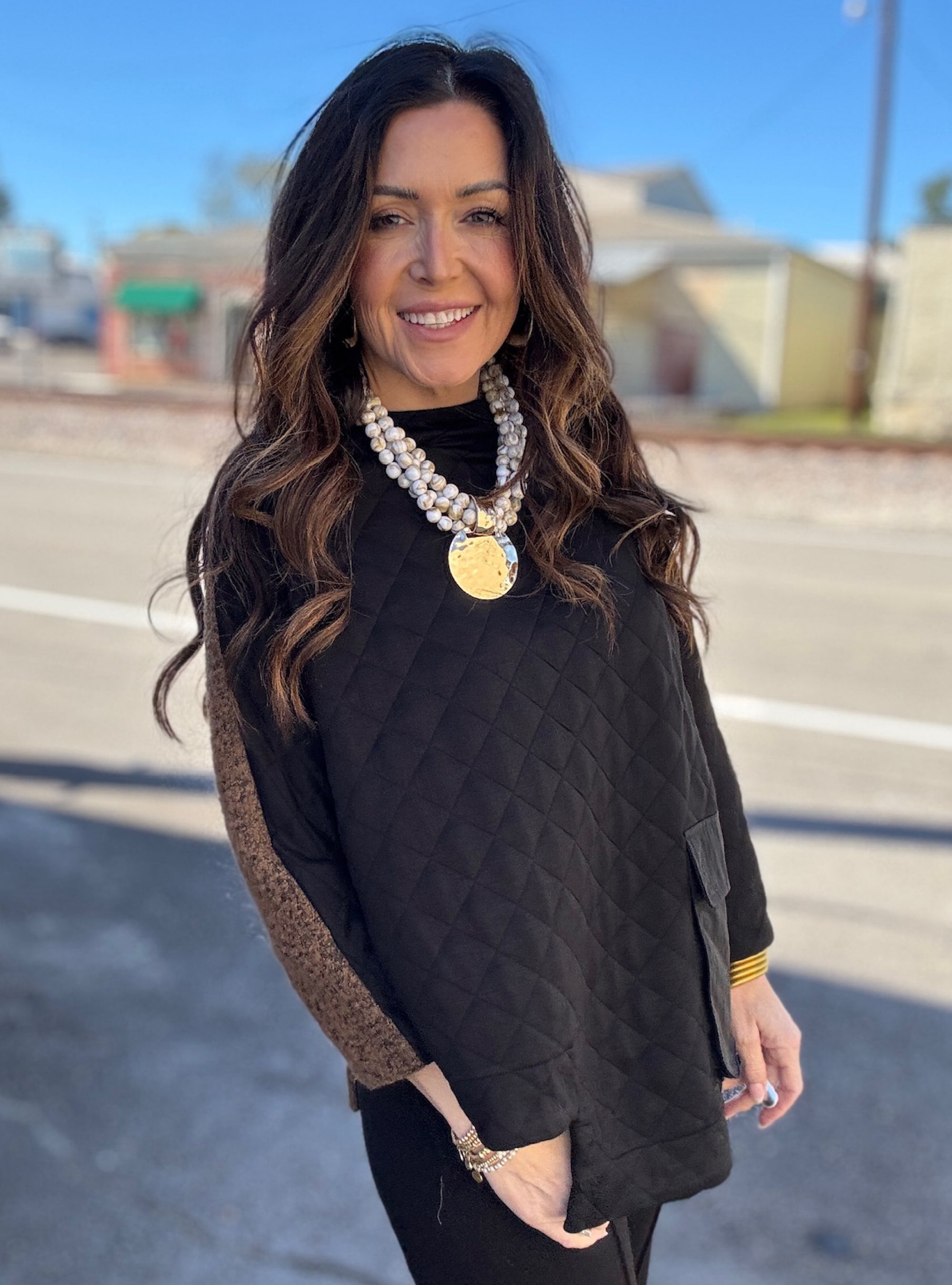 Shana Apparel Black Mix Media Quilted Top