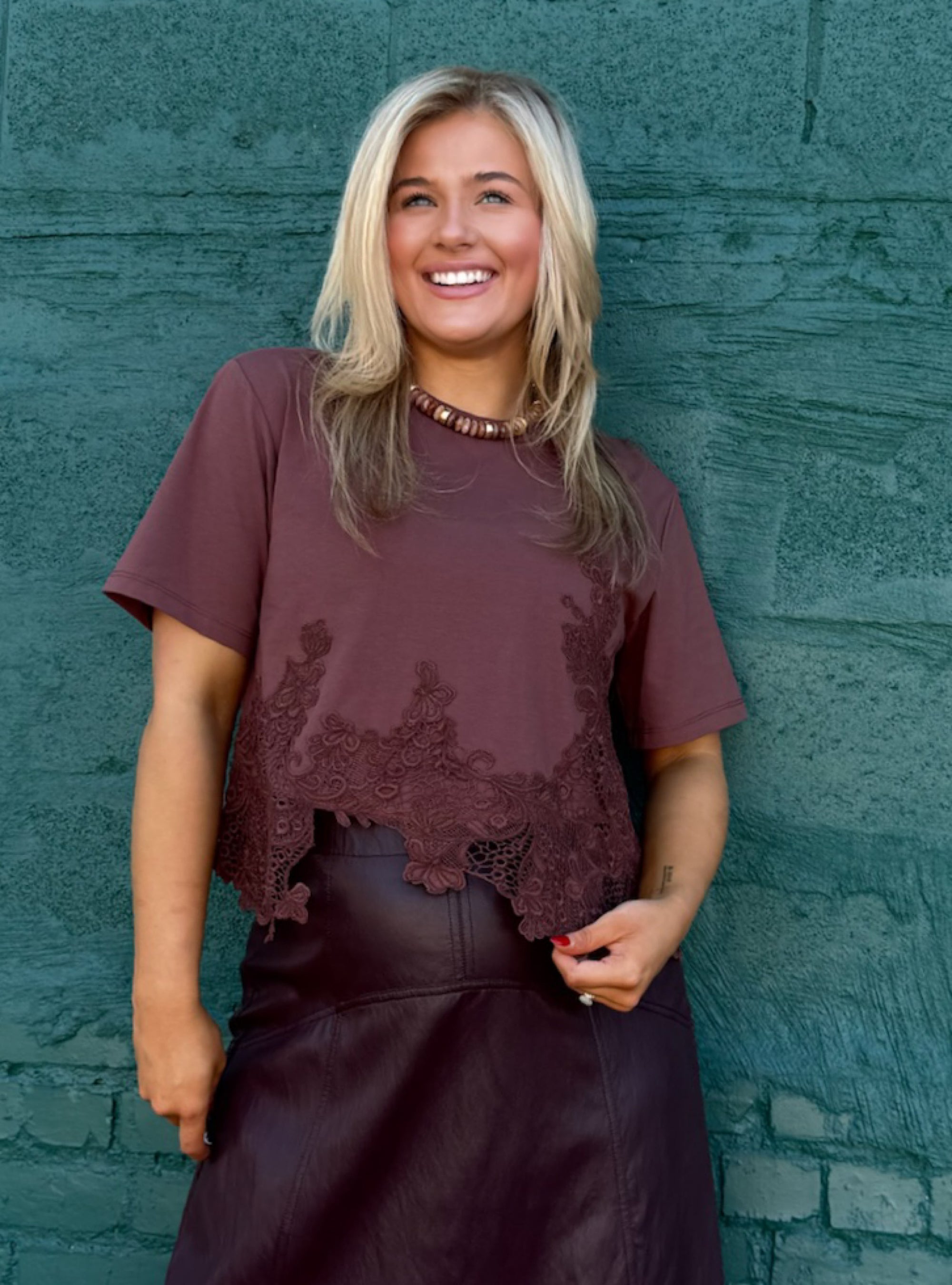 A Mocha Moment Lace Short Sleeve Top
