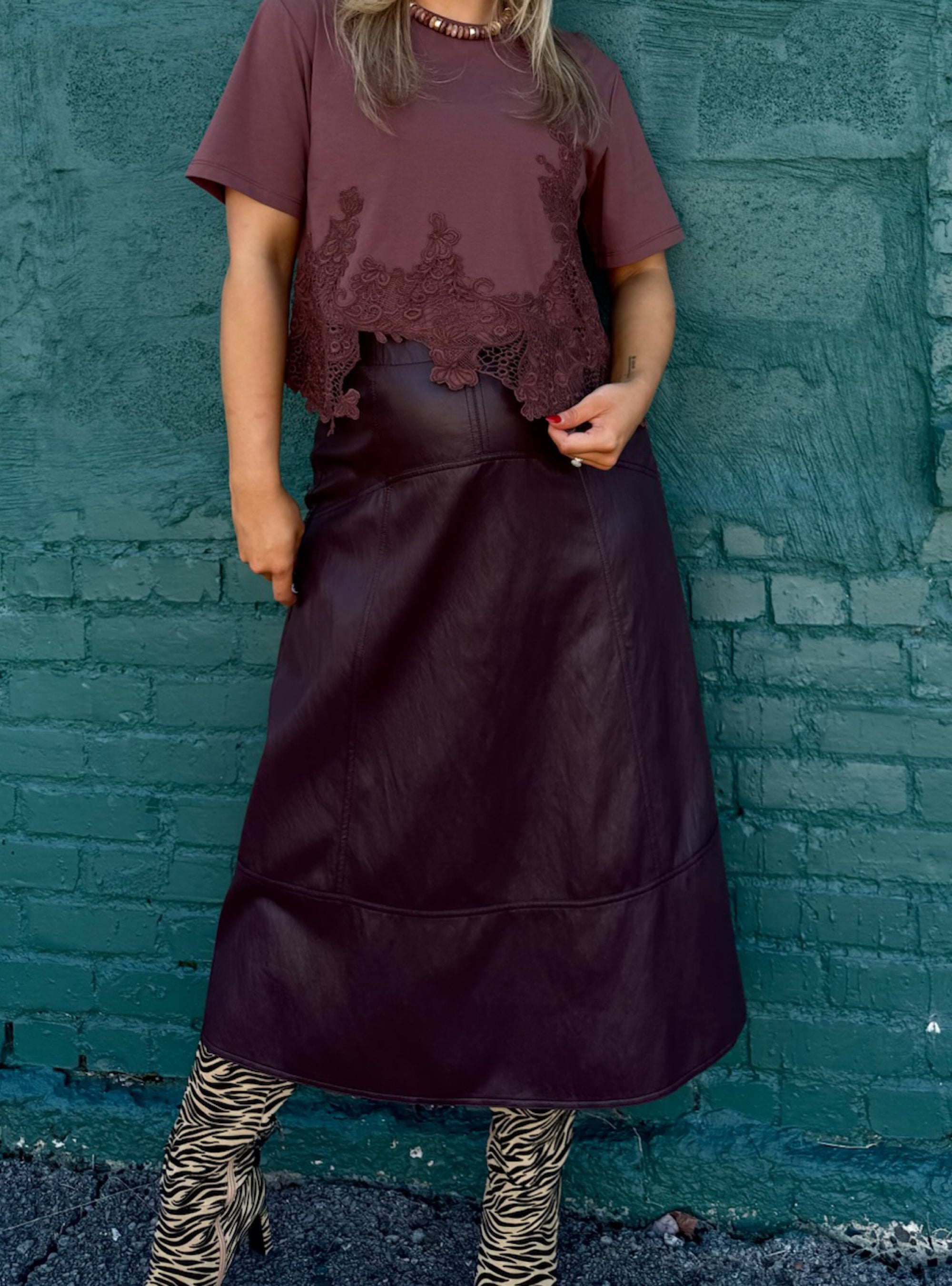 Merlot The Merrier Faux Leather Midi Skirt