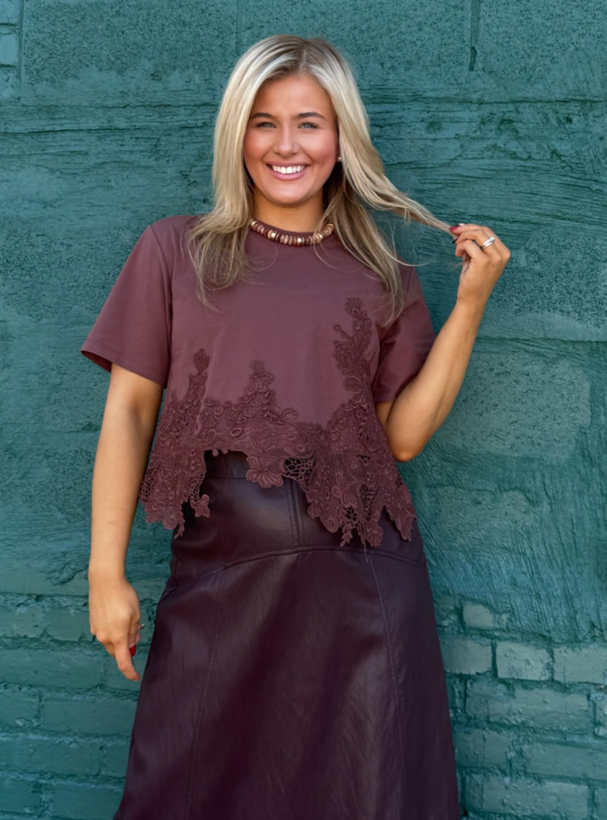 A Mocha Moment Lace Short Sleeve Top