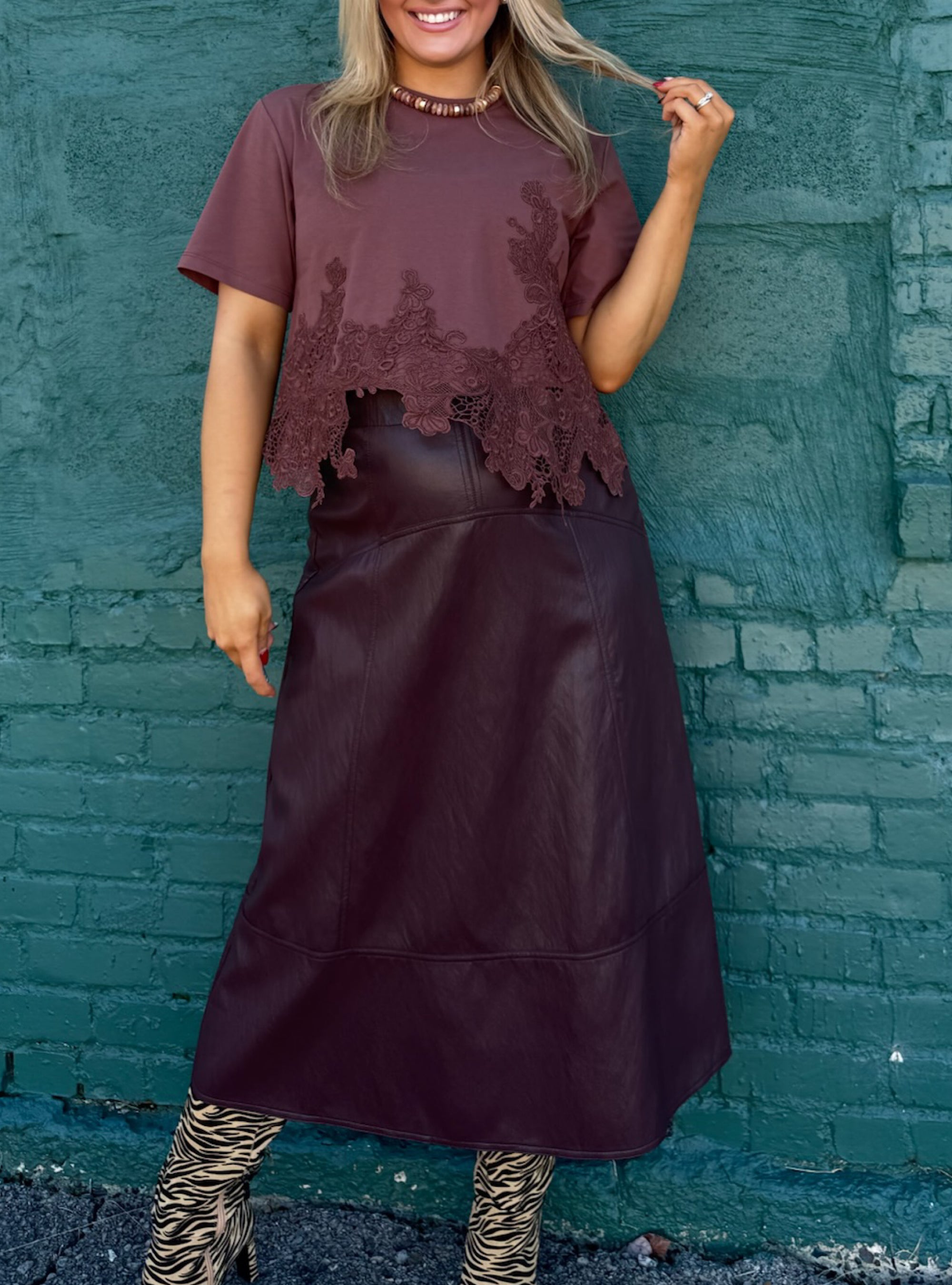 Merlot The Merrier Faux Leather Midi Skirt