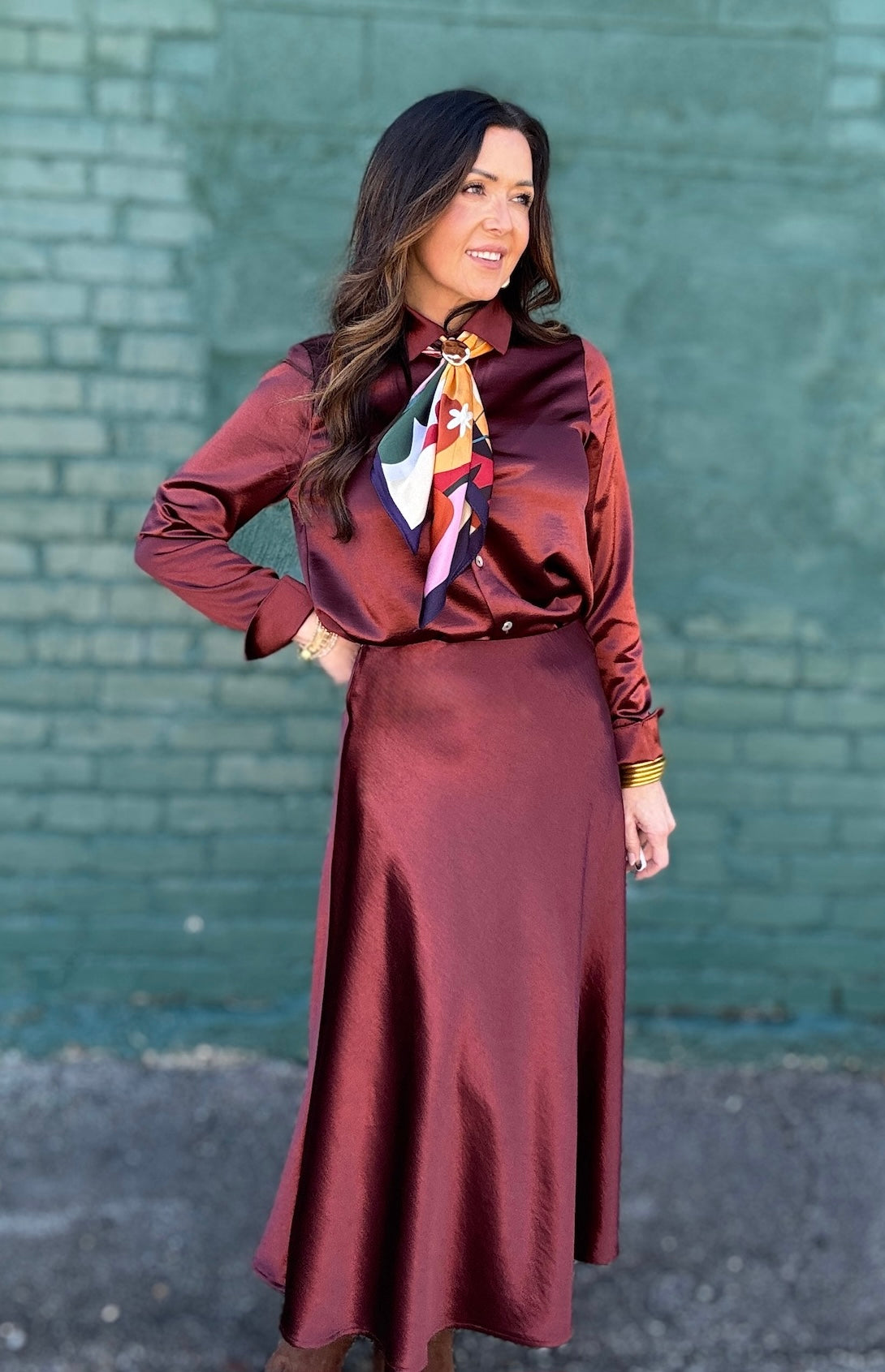 Serving Shine Burgundy Satin Button-Up Top