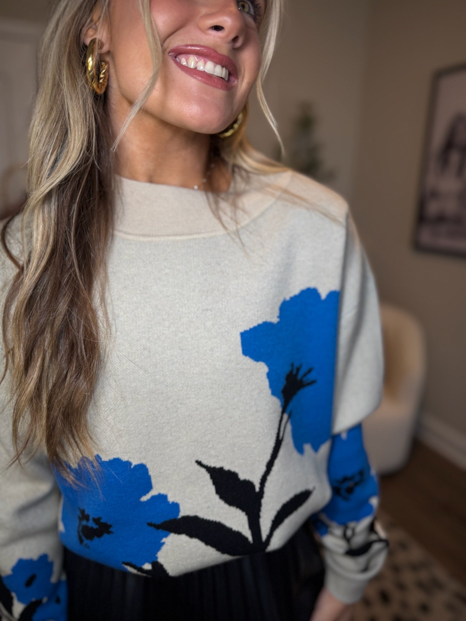 APNY Blue Floral Mock Neck Sweater